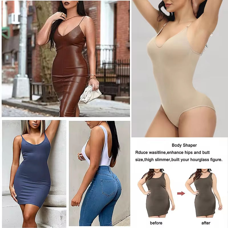 Super Sale V-Neck Spaghetti Strap Shapewear Bodysuit – Slimming, Compression, Open Crotch Design for a Smooth Silhouette